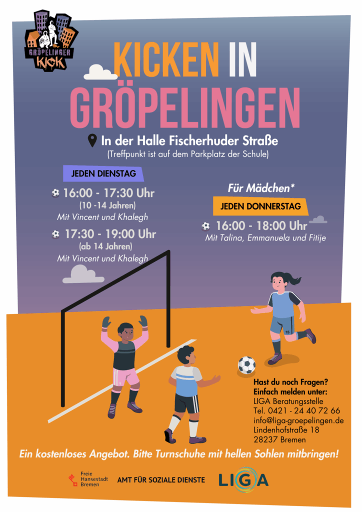 Veranstaltungsplakat gedruckt, kräftige Farben mit fußballspielenden Kindern.