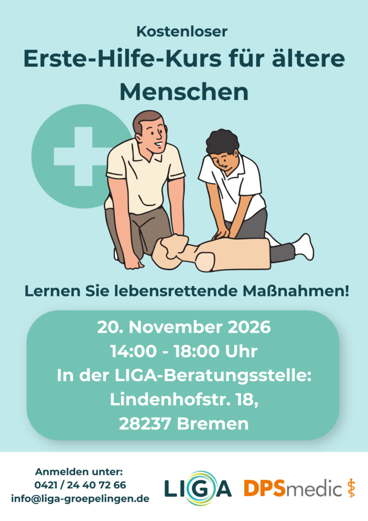 Veranstaltungsplakat für den Erste-Hilfe-Kurs für ältere Menschen.