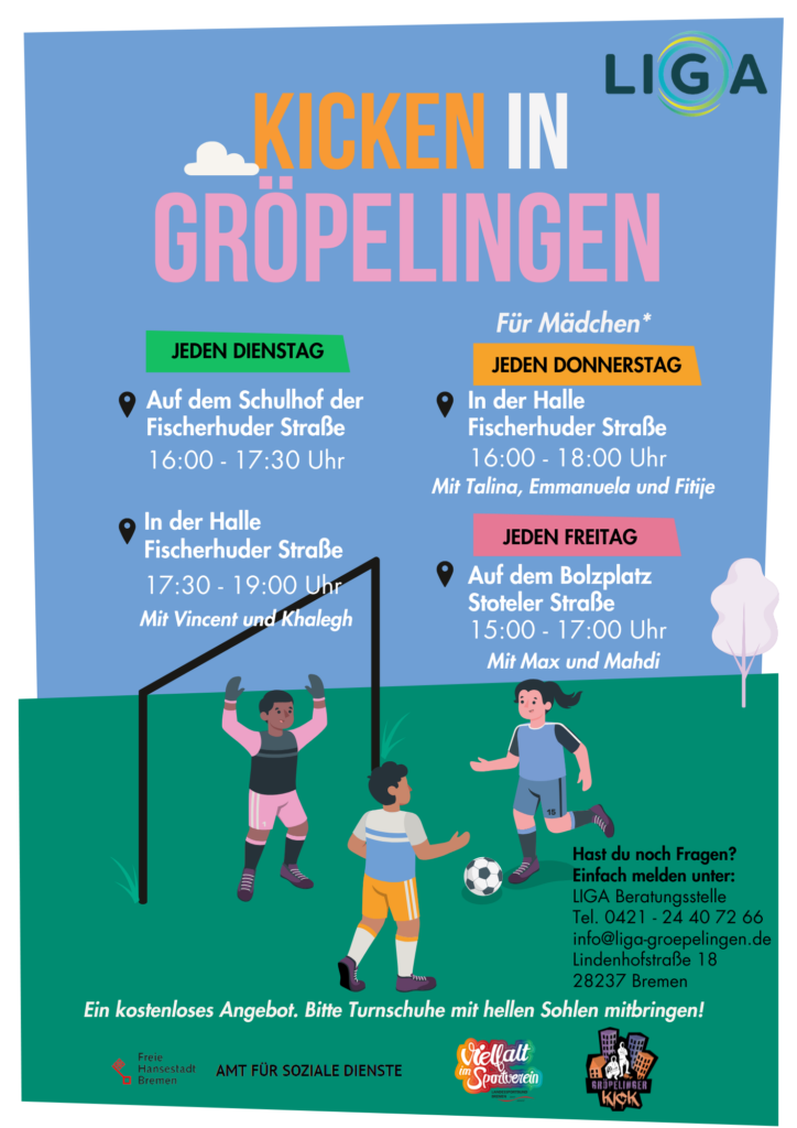 Veranstaltungsplakat gedruckt, kräftige Farben mit fußballspielenden Kindern.