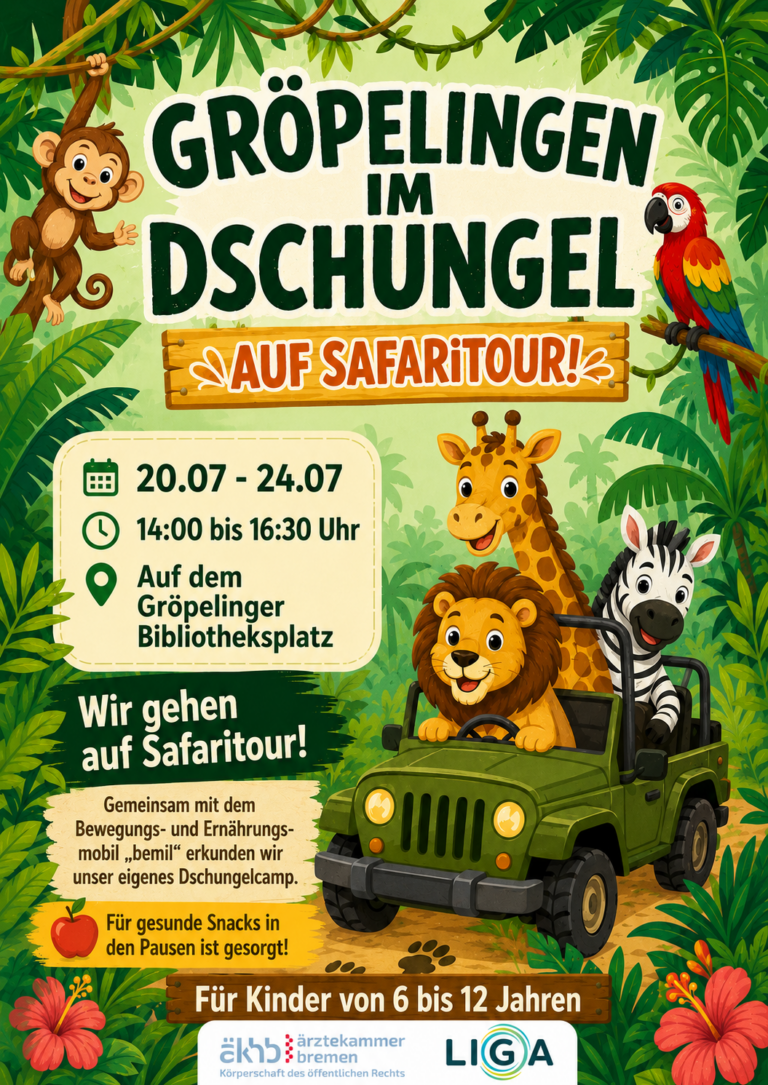 Veranstaltungsflyer für das Sommerferienprojekt des LIGA, welches den Namen Gröpelingen im Dschungel - Auf Safaritour trägt.