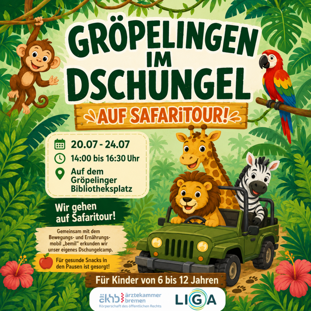 Veranstaltungsflyer für das Sommerferienprojekt des LIGA, welches den Namen Gröpelingen im Dschungel - Auf Safaritour trägt.